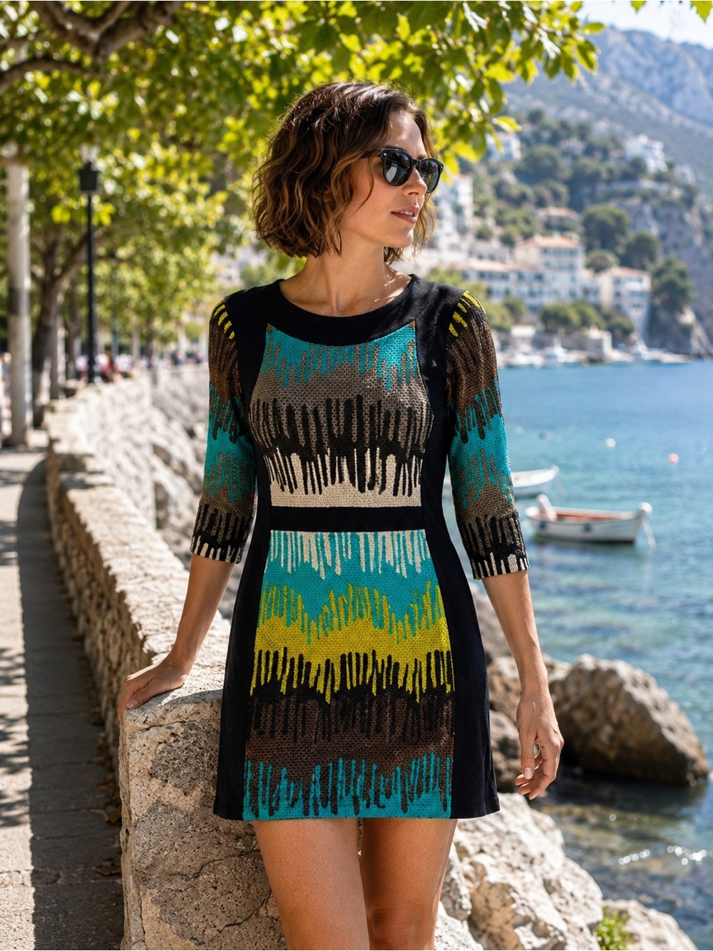 Papillon Abstract Knit Dress Size M Colorblock 3/4 Sleeve Boutique Midi Dress